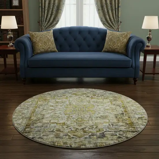 8' Pewter Gold And Ivory Oriental Washable Round Rug With UV Protection Photo 2