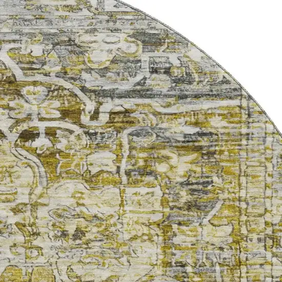 8' Pewter Gold And Ivory Oriental Washable Round Rug With UV Protection Photo 2