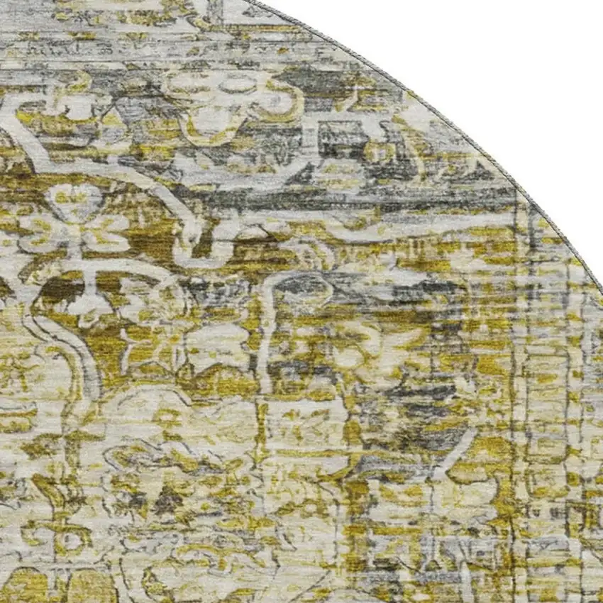 8' Pewter Gold And Ivory Oriental Washable Round Rug With UV Protection Photo 2