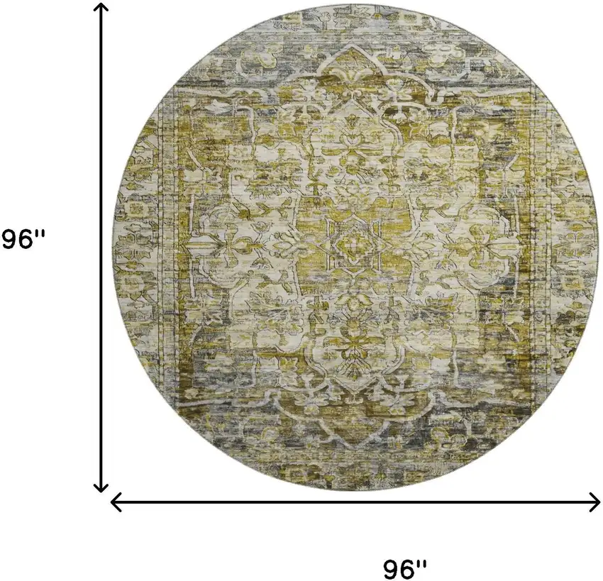 8' Pewter Gold And Ivory Oriental Washable Round Rug With UV Protection Photo 9