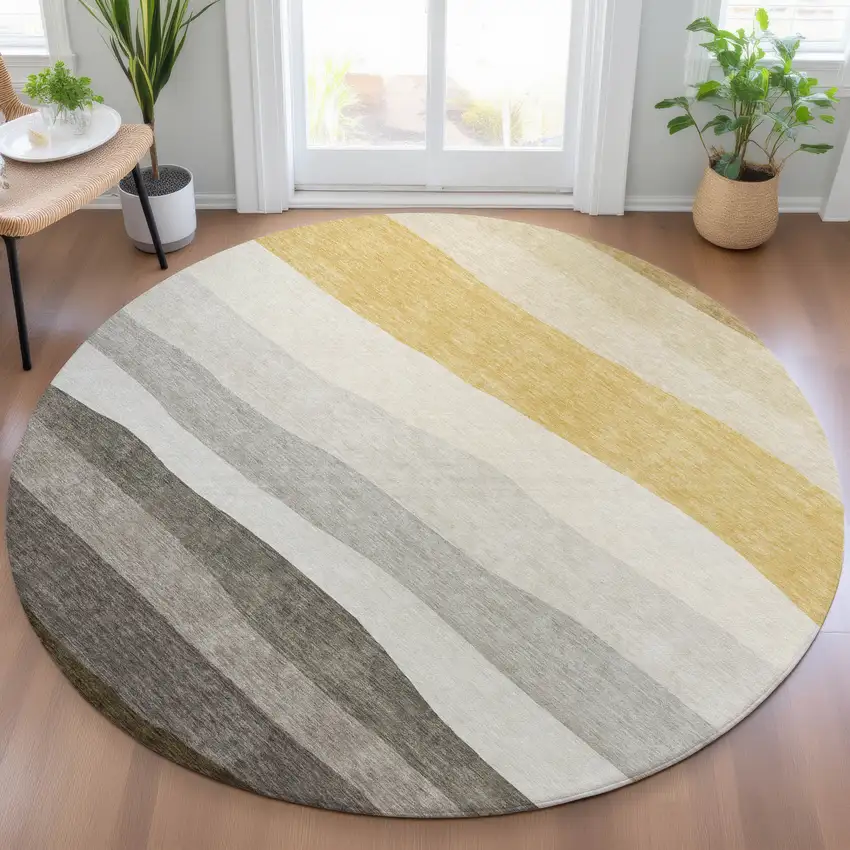8' Pewter Gold And Ivory Round Striped Washable Indoor Outdoor Area Rug Photo 7