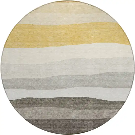 8' Pewter Gold And Ivory Round Striped Washable Indoor Outdoor Area Rug Photo 1