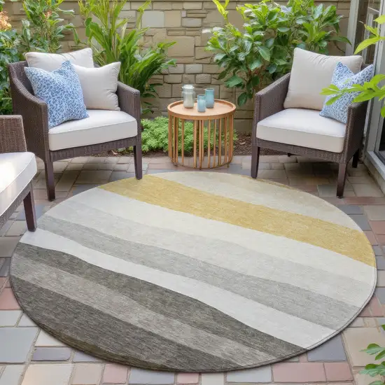 8' Pewter Gold And Ivory Round Striped Washable Indoor Outdoor Area Rug Photo 6