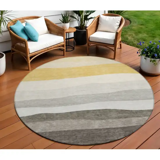 8' Pewter Gold And Ivory Round Striped Washable Indoor Outdoor Area Rug Photo 2
