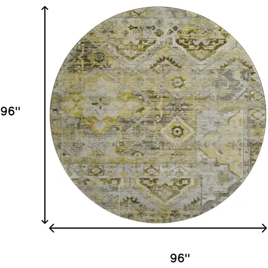 8' Pewter Gold And Silver Floral Washable Round Rug With UV Protection Photo 9