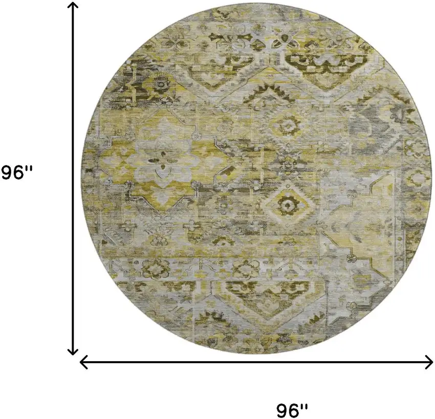 8' Pewter Gold And Silver Floral Washable Round Rug With UV Protection Photo 9