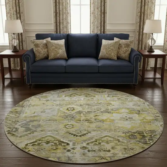 8' Pewter Gold And Silver Floral Washable Round Rug With UV Protection Photo 2