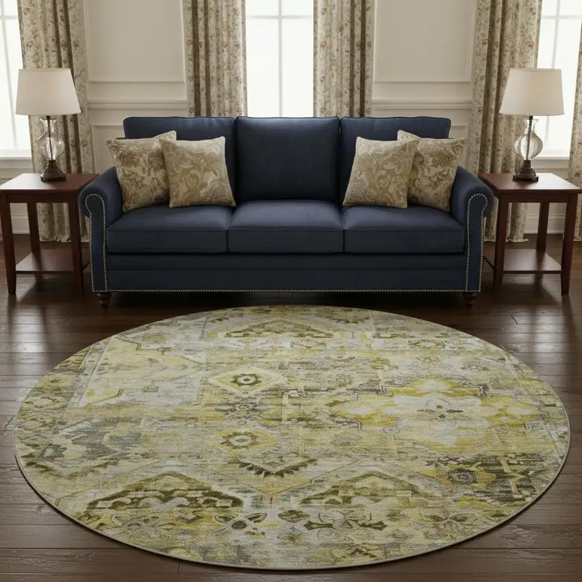 8' Pewter Gold And Silver Floral Washable Round Rug With UV Protection Photo 2