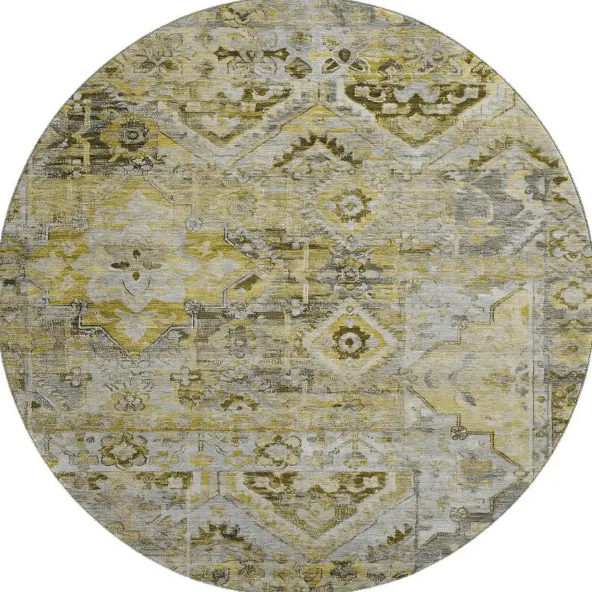 8' Pewter Gold And Silver Floral Washable Round Rug With UV Protection Photo 3