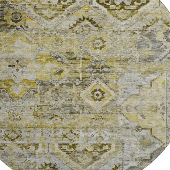8' Pewter Gold And Silver Floral Washable Round Rug With UV Protection Photo 2