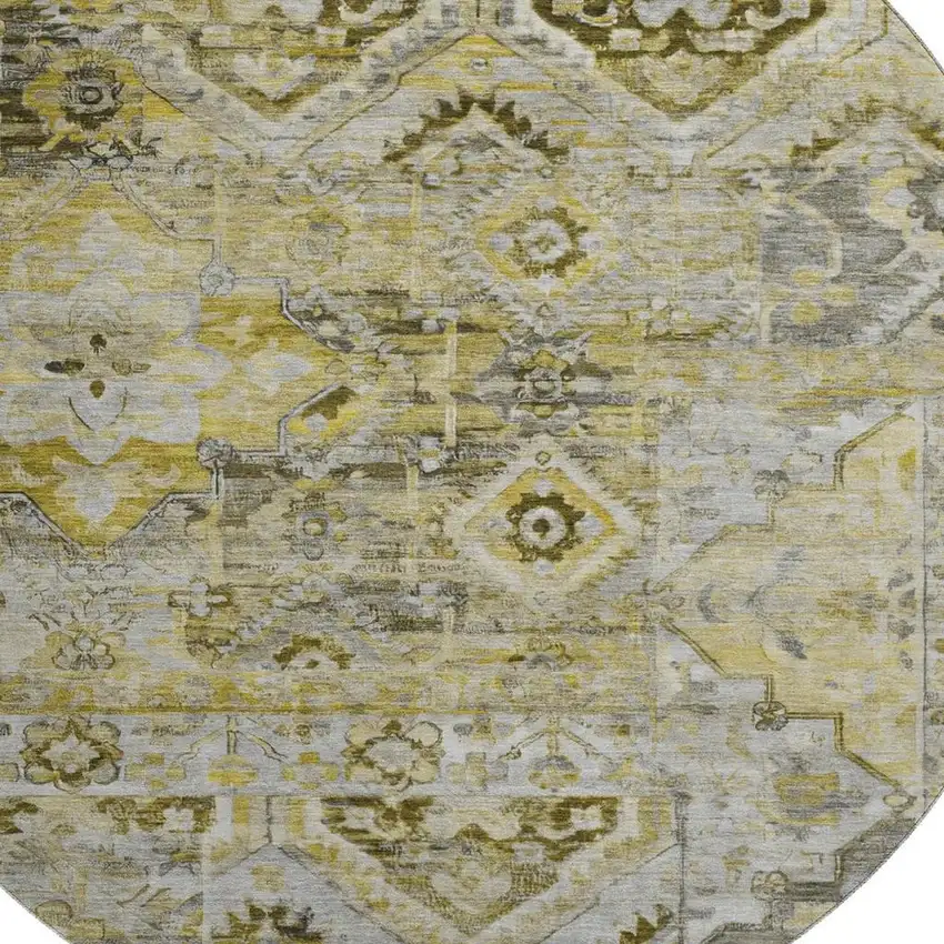 8' Pewter Gold And Silver Floral Washable Round Rug With UV Protection Photo 2