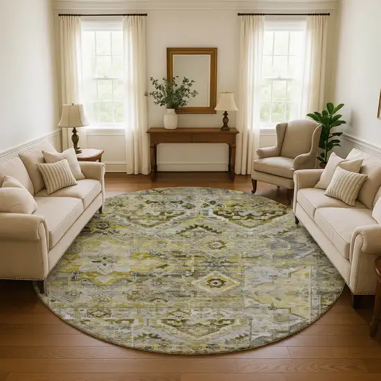 8' Pewter Gold And Silver Floral Washable Round Rug With UV Protection Photo 4