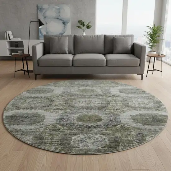 8' Pewter Gray And Beige Abstract Geometric Washable Round Rug With UV Protection Photo 2
