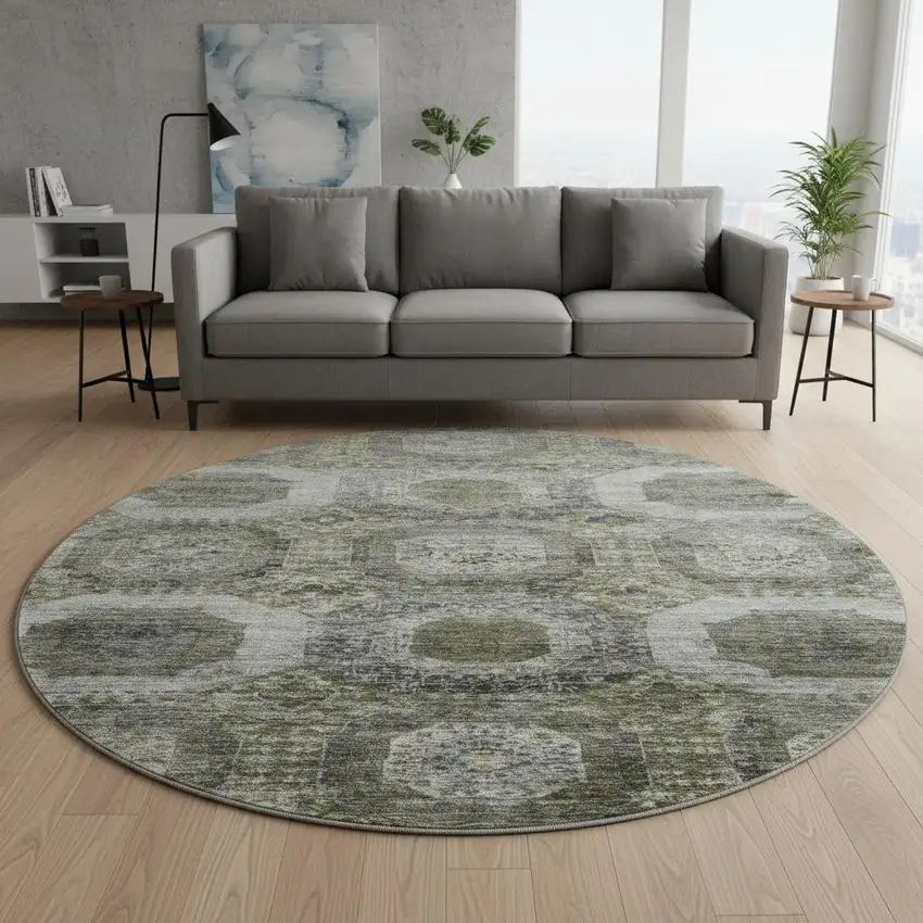 8' Pewter Gray And Beige Abstract Geometric Washable Round Rug With UV Protection Photo 2