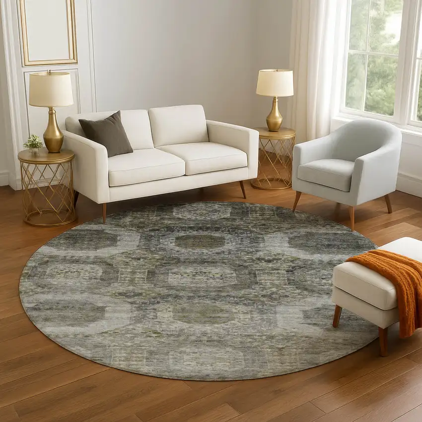 8' Pewter Gray And Beige Abstract Geometric Washable Round Rug With UV Protection Photo 5