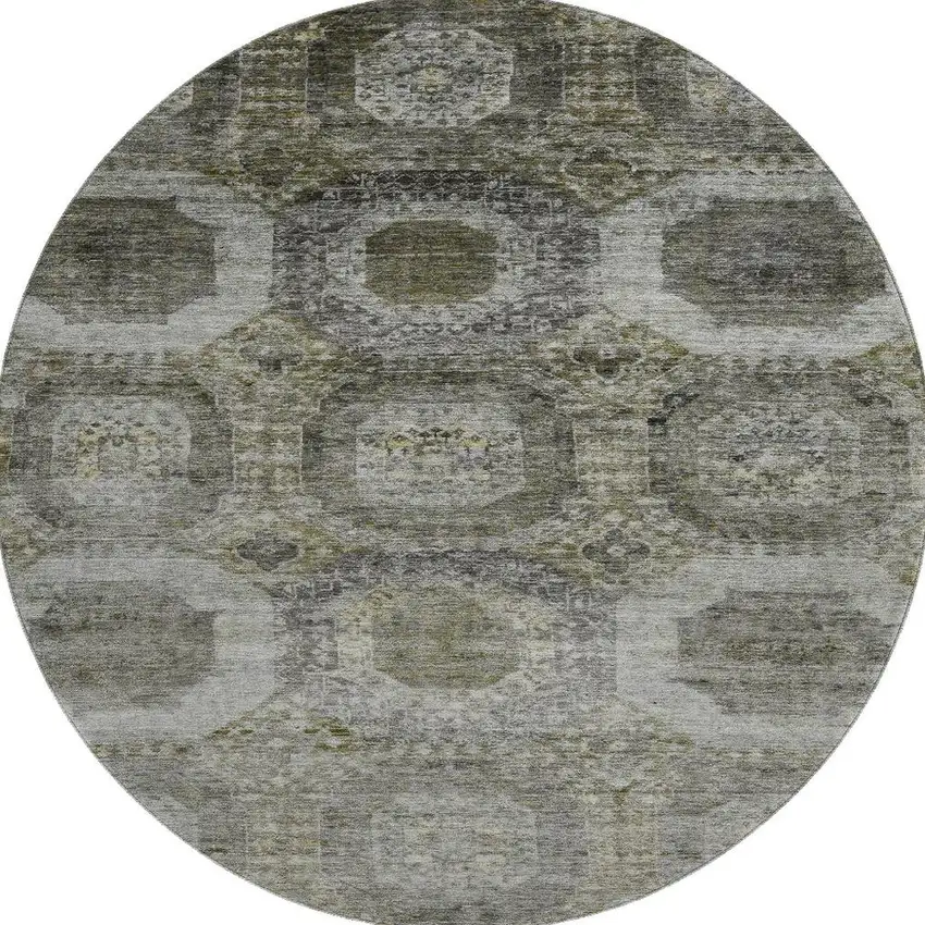 8' Pewter Gray And Beige Abstract Geometric Washable Round Rug With UV Protection Photo 4