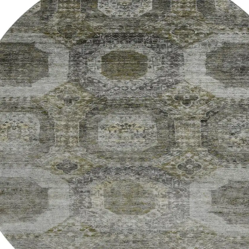 8' Pewter Gray And Beige Abstract Geometric Washable Round Rug With UV Protection Photo 3