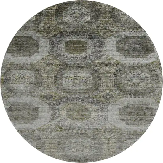 8' Pewter Gray And Beige Abstract Geometric Washable Round Rug With UV Protection Photo 1