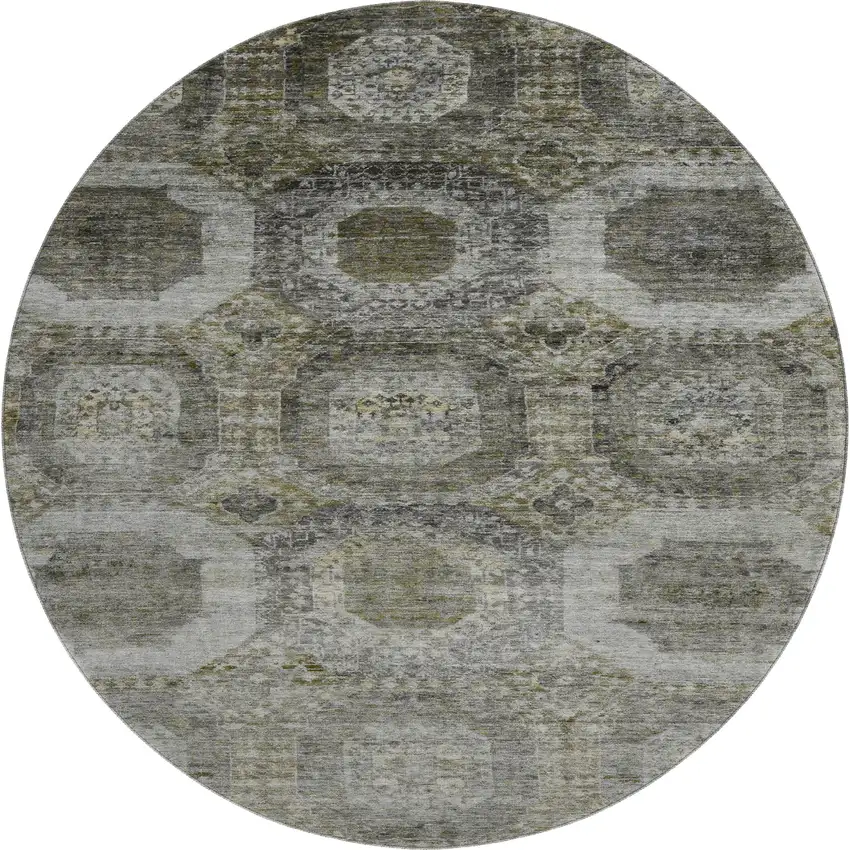8' Pewter Gray And Beige Abstract Geometric Washable Round Rug With UV Protection Photo 1