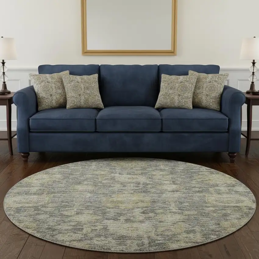 8' Pewter Gray And Beige Damask Washable Round Rug With UV Protection Photo 2