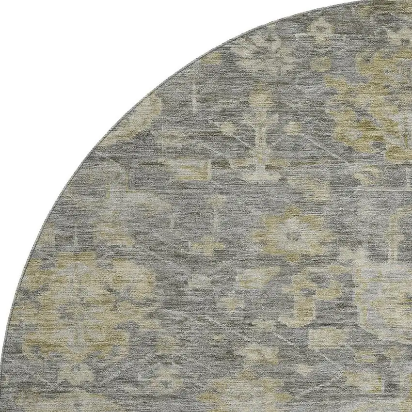 8' Pewter Gray And Beige Damask Washable Round Rug With UV Protection Photo 3
