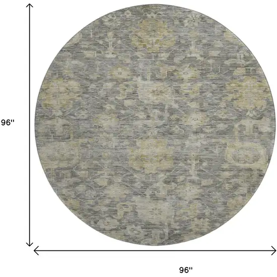 8' Pewter Gray And Beige Damask Washable Round Rug With UV Protection Photo 9