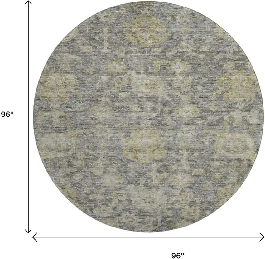 8' Pewter Gray And Beige Damask Washable Round Rug With UV Protection Photo 9