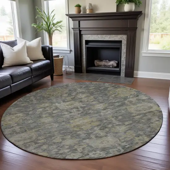 8' Pewter Gray And Beige Damask Washable Round Rug With UV Protection Photo 4