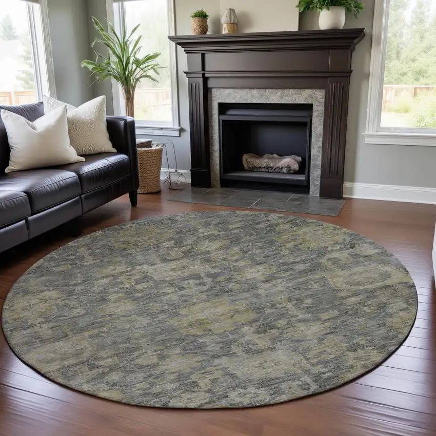 8' Pewter Gray And Beige Damask Washable Round Rug With UV Protection Photo 4