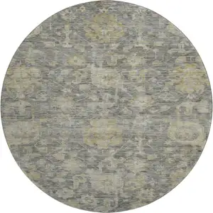 Photo of 8' Pewter Gray And Beige Damask Washable Round Rug With UV Protection