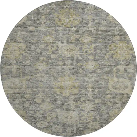 8' Pewter Gray And Beige Damask Washable Round Rug With UV Protection Photo 1