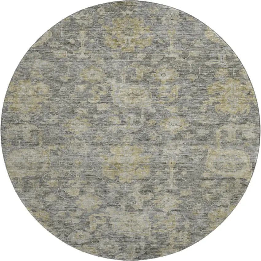8' Pewter Gray And Beige Damask Washable Round Rug With UV Protection Photo 1