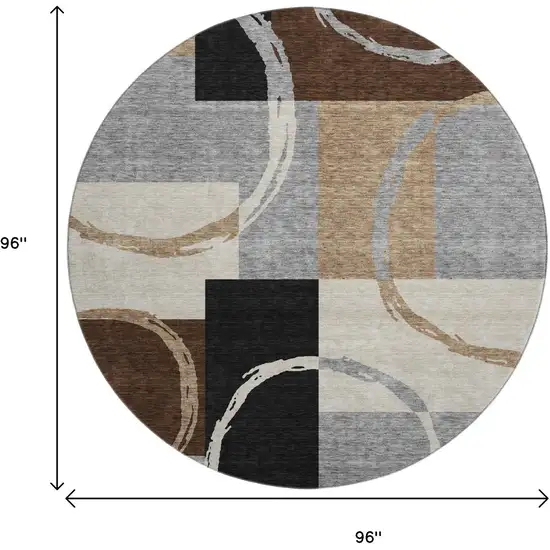 8' Pewter Gray And Black Geometric Washable Round Rug With UV Protection Photo 9