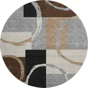 Photo of 8' Pewter Gray And Black Geometric Washable Round Rug With UV Protection