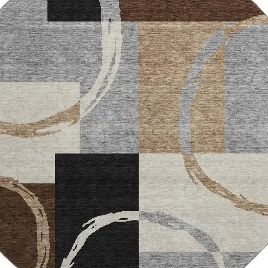 8' Pewter Gray And Black Geometric Washable Round Rug With UV Protection Photo 2