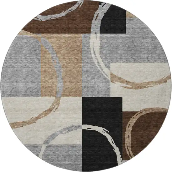 8' Pewter Gray And Black Geometric Washable Round Rug With UV Protection Photo 3