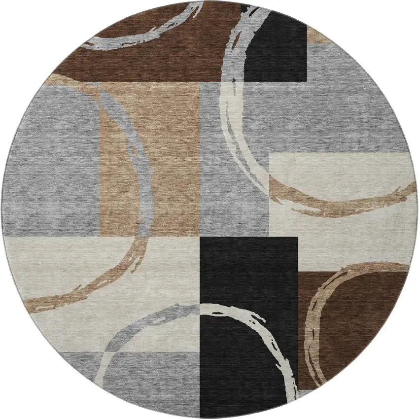 8' Pewter Gray And Black Geometric Washable Round Rug With UV Protection Photo 3