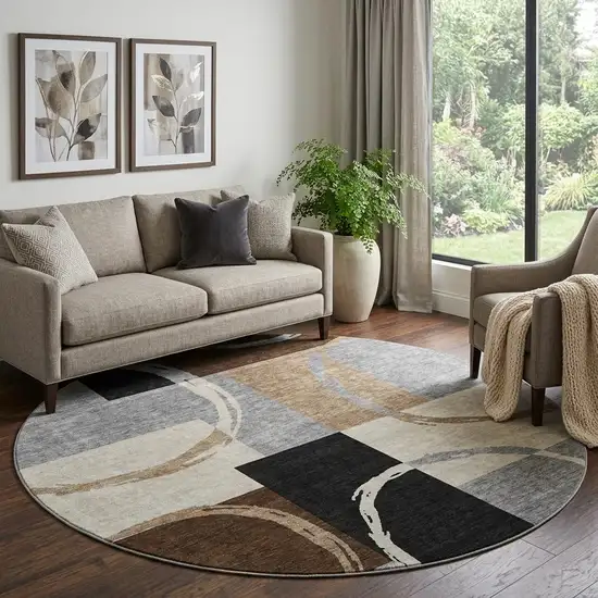 8' Pewter Gray And Black Geometric Washable Round Rug With UV Protection Photo 1