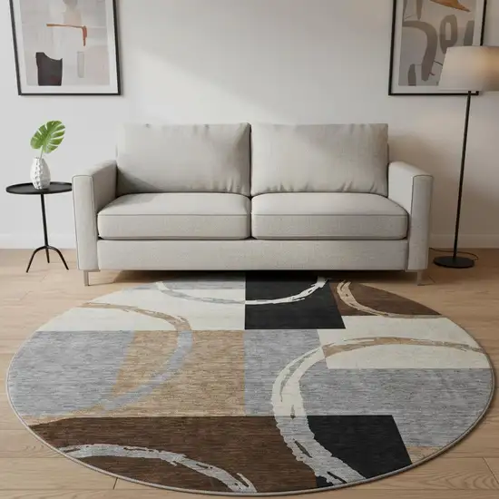8' Pewter Gray And Black Geometric Washable Round Rug With UV Protection Photo 2