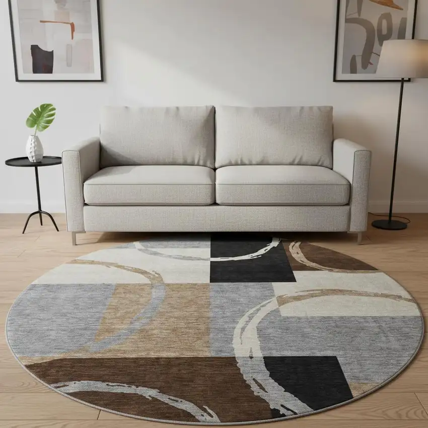 8' Pewter Gray And Black Geometric Washable Round Rug With UV Protection Photo 2