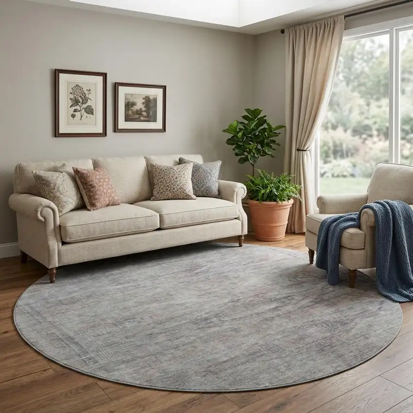 8' Pewter Gray And Charcoal Abstract Geometric Washable Round Rug With UV Protection Photo 1