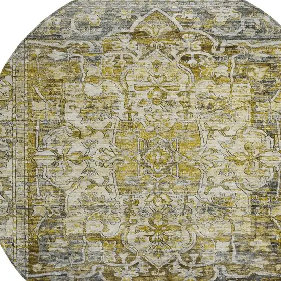 8' Pewter Gray And Gold Round Floral Medallion Washable Indoor Outdoor Area Rug Photo 4