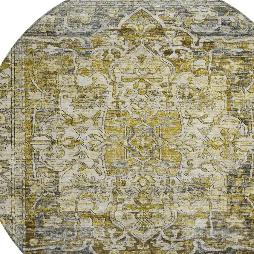 8' Pewter Gray And Gold Round Floral Medallion Washable Indoor Outdoor Area Rug Photo 4