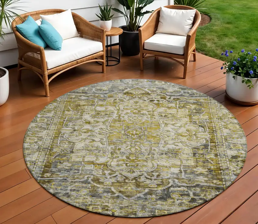 8' Pewter Gray And Gold Round Floral Medallion Washable Indoor Outdoor Area Rug Photo 2