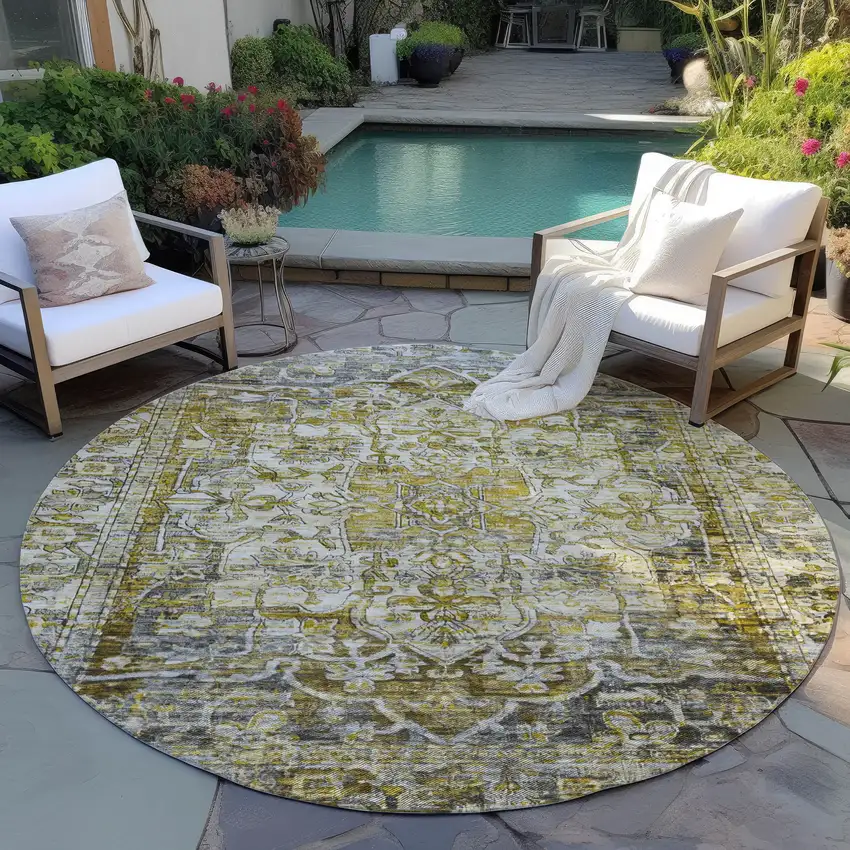 8' Pewter Gray And Gold Round Floral Medallion Washable Indoor Outdoor Area Rug Photo 5