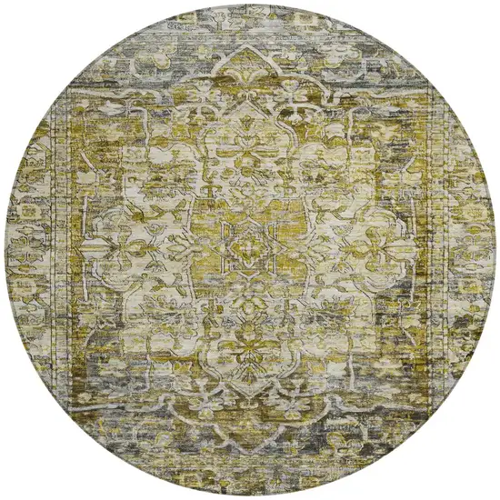 8' Pewter Gray And Gold Round Floral Medallion Washable Indoor Outdoor Area Rug Photo 3