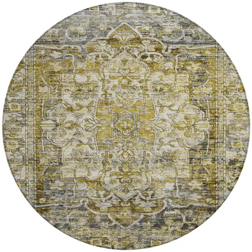 8' Pewter Gray And Gold Round Floral Medallion Washable Indoor Outdoor Area Rug Photo 3