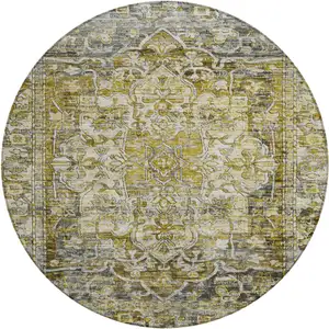 Photo of 8' Pewter Gray And Gold Round Floral Medallion Washable Indoor Outdoor Area Rug