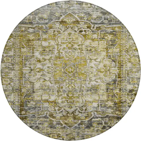 8' Pewter Gray And Gold Round Floral Medallion Washable Indoor Outdoor Area Rug Photo 1