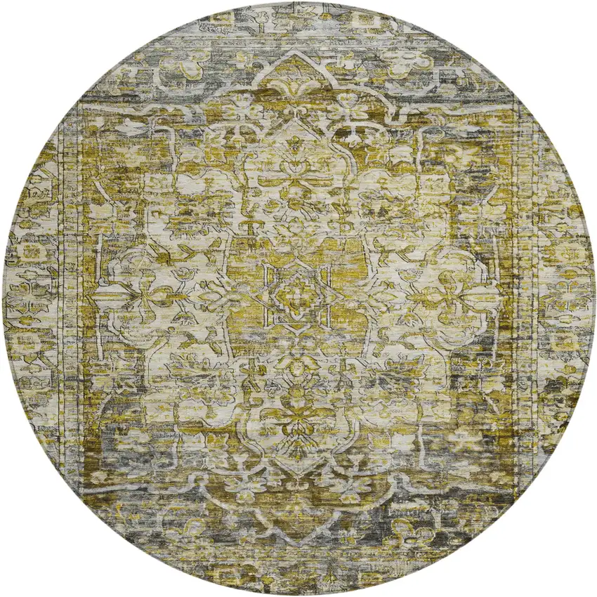 8' Pewter Gray And Gold Round Floral Medallion Washable Indoor Outdoor Area Rug Photo 1